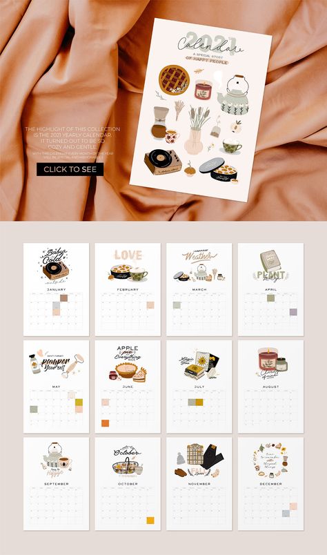 Calendar Illustration Ideas, Digital Calendar Design, Cute Calendar Design, Cozy Posters, Calendar Design Layout, Calendar Design Inspiration, Food Calendar, Care Illustration, Calendar Illustration