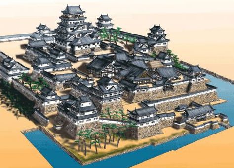 Drawing of the structure of Japanese Castle Japanese Castle Art, Japanese Fortress, Samurai Castle, Japan Castle, Japanese Palace, Medieval Japanese, Japanese Castles, Minecraft Japanese, Medieval Japan