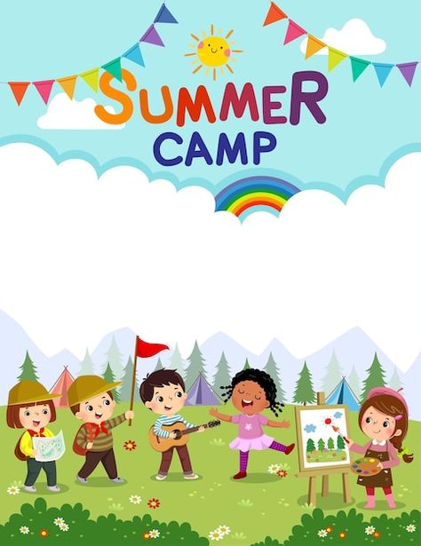 Summer Camp Poster, Camp Poster, Camping Drawing, Summer Camp Activities, Camp Activities, Kids Doodles, Summer Camps For Kids, Kids Vector, Easy Canvas