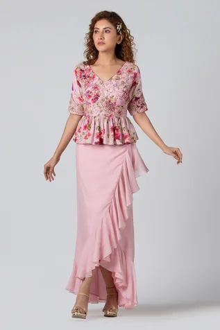 Shop for Suruchi Parakh Pink Crepe Peplum Top And Draped Skirt Set for Women Online at Aza Fashions Drape Skirts Indo Western, Skirt With Peplum Top, Pink Peplum Top, Western Gown, Printed Peplum Top, Pleated Drapes, Set Saree, Draped Skirt, Sharara Set