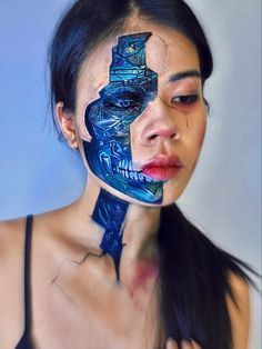 Scary Halloween Makeup Looks, Robot Makeup, Scary Halloween Makeup, Trippy Tattoo, Creepy Halloween Makeup, Make Up Ideas, Face Art Makeup, Halloween Makeup Scary, Theatrical Makeup