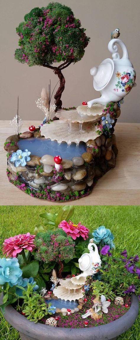 Fairy Garden Design Ideas, Fairy Garden Plants, Diy Water Fountain, Diy Fountain, Garden Waterfall, Fairy Garden Crafts, Fairy Garden Designs, Mini Fairy Garden, Fairy Crafts