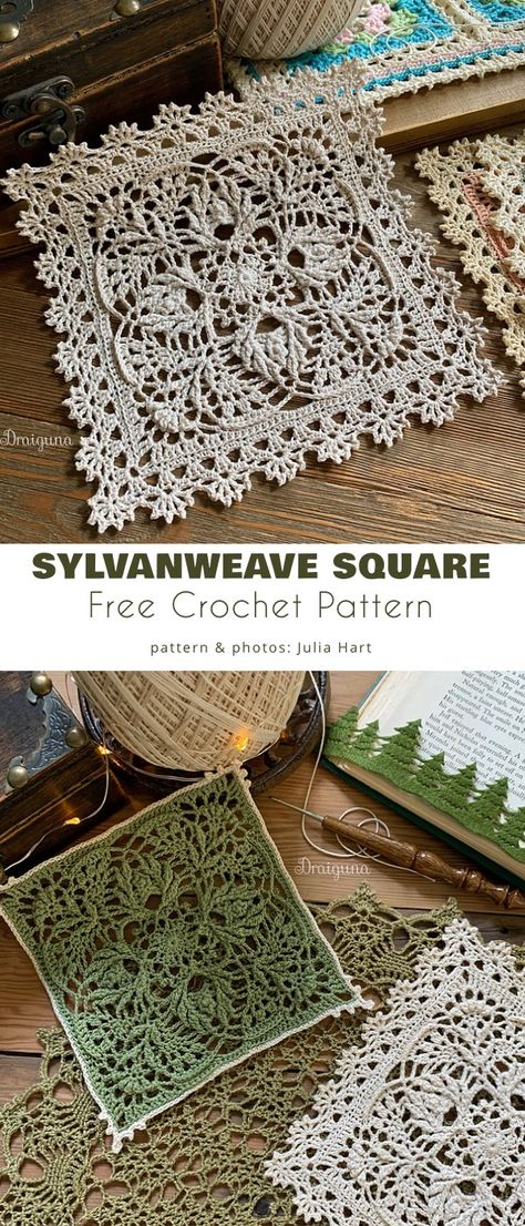 Grannysquares Crochet Pattern, Crochet Patterns For Granny Squares, Crochet Tesselation, Lace Yarn Crochet Patterns, Sylvanweave Square, Big Granny Square Pattern, Crochet Motif Square, Free Doily Patterns, Surface Crochet