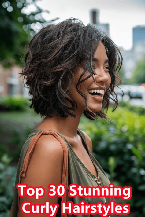 Your Ultimate Guide to 30 Stunning Curly Hairstyles. - beauticiandaily.com 2c Curly Hair Lob, Shoulder Length For Curly Hair, One Length Curly Bob, Perm Chin Length Hair, Layered Textured Bob Hairstyles, Short Length Haircut For Curly Hair, Ways To Style Medium Length Curly Hair, Medium Brown Hair With Highlights Curly, Short To Medium Curly Hairstyles