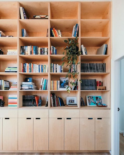 Plywood Office Design, Bookshelf And Cabinet Wall, Plywood Bookshelf Wall, Plywood Built In, Plywood Library, Plywood Bookshelves, Plywood Bookcase, Plywood Shelving, Floor To Ceiling Bookshelves