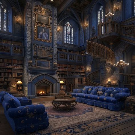 Ravenclaw Tower Aesthetic, Hogwarts Aesthetic Ravenclaw Common Room, Ravenclaw Living Room, Ravenclaw Home Decor, Hogwarts Common Rooms Ravenclaw, Fantasy Common Room, Fantasy Home Aesthetic, Ravenclaw Dorm Aesthetic, Hogwarts Ravenclaw Common Room