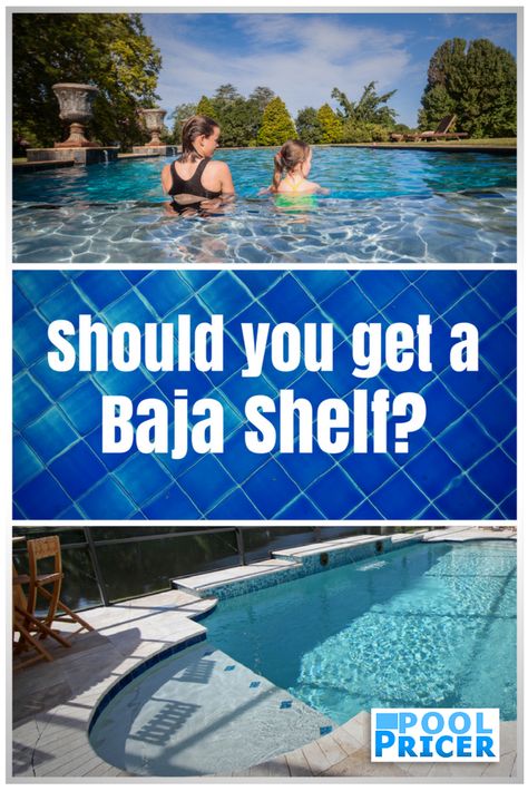 Pros and cons of the baja shelf (aka sun shelf or tanning ledge) Pool With Baja Shelf And Spa, Large Baja Shelf Pool, Baja Shelf Pool, Small Tanning Ledge Pool, Swimming Pool Trends, Baja Shelf, Travertine Pool Decking, Tanning Ledge Pool, Inground Pool Designs