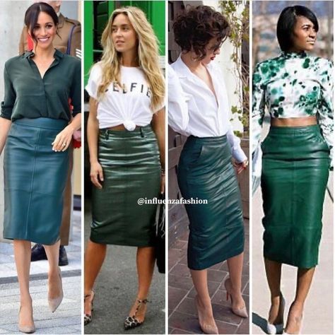 Dark Green Leather Skirt Outfit, Green Leather Dress Outfit, Leather Pencil Skirt Outfit Party, Green Pencil Skirt Outfit, Green Leather Skirt Outfit, Dress For A Concert, Green Leather Pencil Skirt, Pencil Skirt Outfits Winter, Leather Mini Skirt Outfit