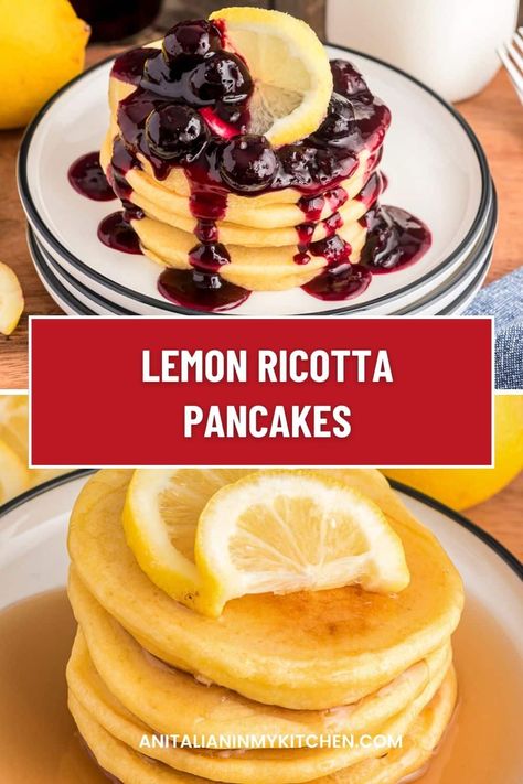 These lemon ricotta pancakes are a delightful Italian twist on traditional pancakes when served for breakfast or brunch! Creamy ricotta and fresh lemon gives them a light and fluffy texture while fresh lemon zest adds a refreshing citrus taste. Ricotta Pancakes Recipe, Fluffy Lemon Ricotta Pancakes, Lemon Ricotta Pancakes Recipe, Lemon Pancakes, Fluffy Pancake Recipe, Lemon Ricotta Pancakes, Savory Bites, Ricotta Pancakes, Blueberry Compote