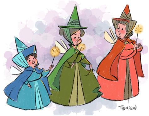 The 3 Fairies by Steve Thompson Steve Thompson Disney, Flora Fauna And Merryweather, Steven Thompson, Steve Thompson, Sleeping Beauty Fairies, Disney Fairy, Disney Artwork, Fairy Tattoo, Disney Sketches