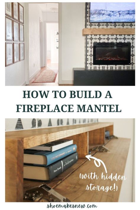 Black and white tiled fireplace including a mantel with storage Mantel With Hidden Storage, Mantel With Storage, Fireplace Tv Wall Ideas, Diy Fireplace Tv Wall, Build A Fireplace Mantel, Tv Wall Unit Designs, Diy Fireplace Mantle, Diy Fireplace Mantel, Storage Fireplace