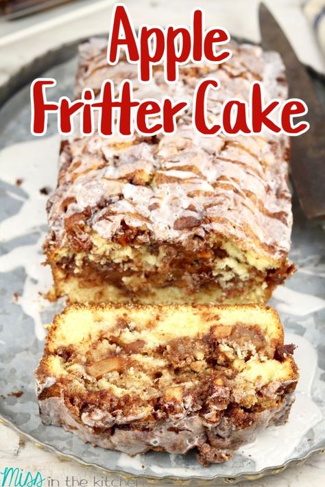 Apple fritter cake, sliced with drizzled icing. Apple Fritter Cake, Cake Easy Recipe, Mini Loaf Cakes, Breakfast Coffee Cake, Powdered Sugar Glaze, Cake Tart, Coffee Cake Recipes Easy, Apple Fritter Bread, Moist Vanilla Cake