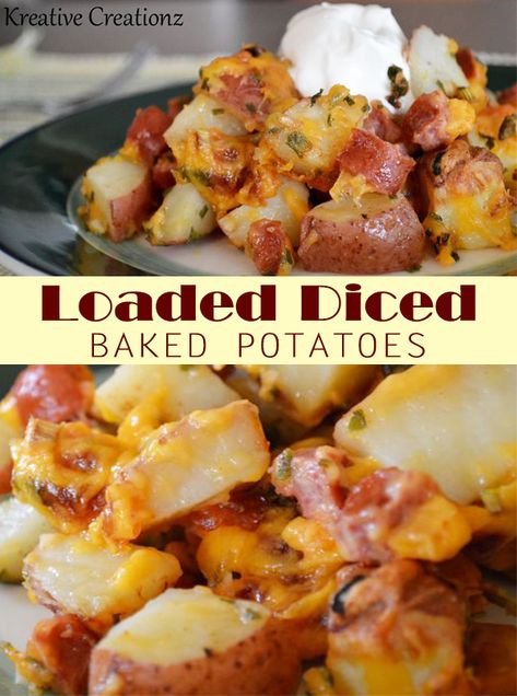 Loaded Diced Baked Potatoes are great to serve as tasty meal or side dish for your family. - The Kreative Life Loaded Baked Potato Salad Red Potatoes, Deconstructed Baked Potato, Loaded Diced Potatoes, Diced Baked Potatoes In The Oven, Side Dish For Brats, Simply Potatoes Recipes Diced, Diced Potato Recipes, Potato Board, Pescatarian Meals