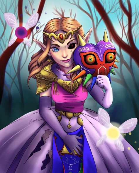 I always wanted to imagine what role Princess Zelda would play in Majora's Mask if she had made an appearance. I like to imagine that she might become corrupted and turn evil from the mask, what do you think? Majoras Mask, The Mask, Legend Of Zelda, You Think, Princess Zelda, Character Design, Zelda, Digital Art, Mask