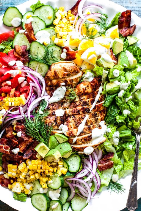 The Best Grilled Chicken Cobb Salad Chicken And Salad Dinner Ideas, Salad With Baked Chicken, Cobb Salad With Corn, Protein Cobb Salad, Southwest Chicken Cobb Salad, Grilled Cobb Salad, Bbq Cobb Salad, Healthy Work Salads, Rotisserie Chicken Cobb Salad