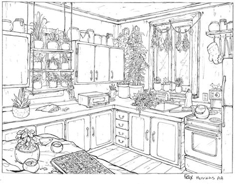 Interior Layout Animation, 2 Point Perspective Room Photography, Layout Design Animation, Kitchen Sketch Drawing Interior Design, Interior Design Drawings For Beginners, How To Draw Rooms, Kitchen Perspective Drawing, Kitchen Drawing Sketch, Room Perspective Drawing