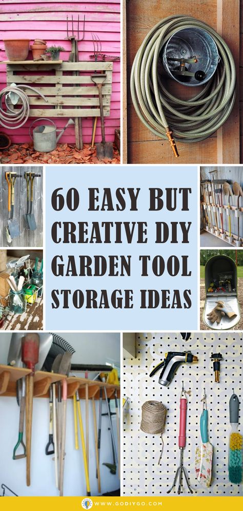 60 Easy but Creative DIY Garden Tool Storage Ideas - GODIYGO.COM Garden Tool Storage Ideas, Yard Tool Storage Ideas, Tool Storage Ideas, Outdoor Tool Storage, Garden Tool Box, Garden Storage Bench, Diy Closet Storage, Storing Garden Tools, Garden Hose Storage