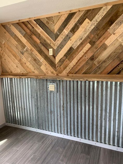 Tin Walls Rustic Bedroom, Tin Half Way Up The Wall, Galvanized Half Wall, Metal Half Wall Ideas, Wood And Tin Walls Rustic, Rustic Wall Colors, Tin And Wood Walls, Barn Tin Wall, Galvanized Tin Walls