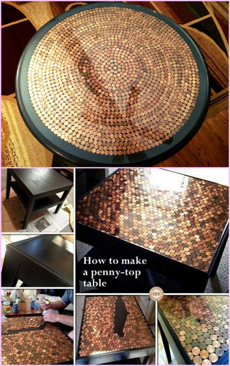 20 DIY Hacks to Decorate Home and Garden with Pennies -DIY Penny Top Table  #Furniture, #Makeover Penny Table Top, Penny Table Tops, Penny Table, Diy Hanging Shelves, Diy Tumblr, Wine Bottle Diy Crafts, Diy Epoxy, Wine Bottle Diy, Classroom Furniture