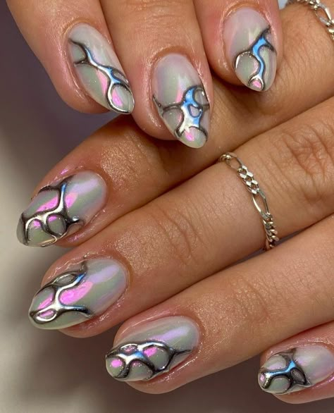 Jewel Nail Designs, Gel Chrome Nails, Nail Design Glitter, Aurora Nails, Chrome Nail Art, Chrome Nails Designs, Nail Art Pictures, Airbrush Nails, Nail Jewels