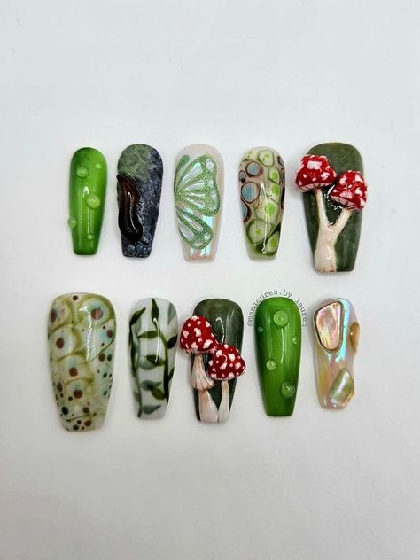 Fairy Witch Cottagecore Vibes | Fairycore custom press on set 🍄✨️ | Facebook Mushrooms Nails Design, Goth Mushroom Nails, 3d Leaf Nails, Moss Nail Art, 3d Mushroom Nails, Textures Nails, Green Mushroom Nails, Forest Fairy Nails, Whimsy Goth Nails