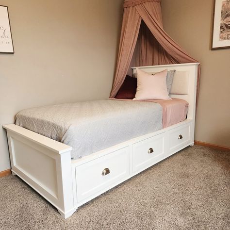 How to Build a Twin Bed Frame With Storage Drawers — Third Stall Woodworking Twin Bed With Dresser Underneath, Diy Twin Bed Frame With Storage, Build A Twin Bed Frame, Twin Bed Frame With Storage, Diy Twin Bed Frame, Bed Frame With Storage Drawers, Tall Bed Frame, Bee Frame, Diy Twin Bed