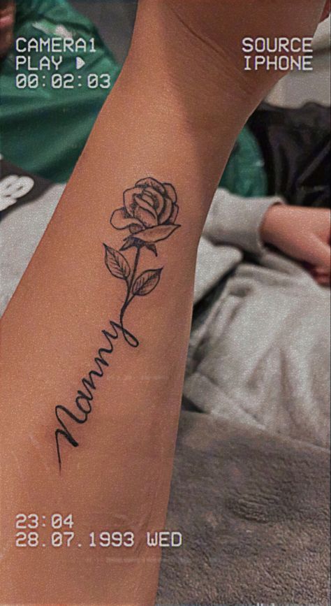 My nan died a couples months ago, her name was Rose and i always wanted her with me. I designed and come up with this idea my self. I wanted to share this to inspire others x Tattoo Idea To Get For Your Mom, Tattoo Ideas For Nanny, Rose Mum Tattoo, Name Remembrance Tattoos, Nan Remembrance Tattoos, Name Tattoos Memorial, Names With Roses Tattoos, Sister Name Tattoo Ideas, Name And Rose Tattoo