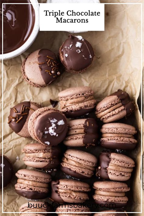 Rich and delicious triple chocolate macarons with chocolate American buttercream and melted semi-sweet chocolate. Double Chocolate Macarons, Chocolate American Buttercream, Chocolate Buttercream Icing, Guinness Chocolate, American Buttercream, Chocolate Macarons, Chocolate Melting Wafers, Chocolate Macaron, Chocolate Pack