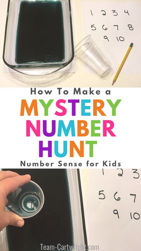 Text: How To Make a Mystery Number Hunt Number Sense for Kids. Top picture: Sensory bin full of black water, clear plastic cup, number list, and pencil. Bottom picture: Clear cup being pressed into the water to find the numbers under the bin next to number list to cross off when numbers found. Preschool Counting Games, Water Sensory Bin, The Number Game, Preschool Number Recognition, Preschool Number Activities, Number Games Preschool, Number Activities Preschool, Number Recognition Activities, Game For Preschool