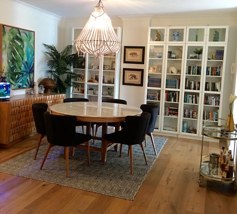 Bookshelf Dining Table, Bookshelf Behind Dining Table, Buffet Ikea, Ikea Bookcases, Wood Beaded Chandelier, Mango Wood Dining Table, Ikea Bookcase, Bar Trolley, Chandelier Brass