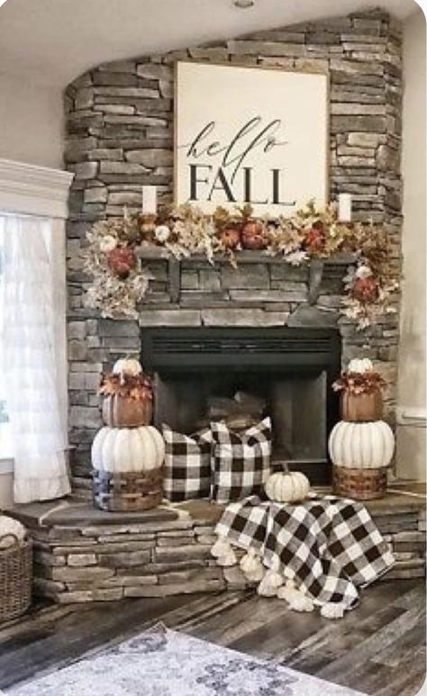 Fireplace Built Ins Fall Decor, Seasonal Fireplace Decor, Autumn Decor Ideas Living Room, Fall Brick Fireplace Decor, Fall Decor For Grey Living Room, Fall Decor Ideas For Fireplace Mantels, Fall Decorated Fireplaces, Fireplace Fall Decorating Ideas Cozy, Diy Fall Fireplace Decor