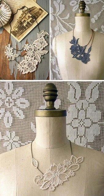 Repurposed wedding dress, so that you still piece of the dress from the original I do day Fabric Stiffener, Lace Crafts, Lace Necklace, Lace Jewelry, Lace Doilies, Crafty Craft, Diy Schmuck, Bijoux Diy, Fabric Jewelry