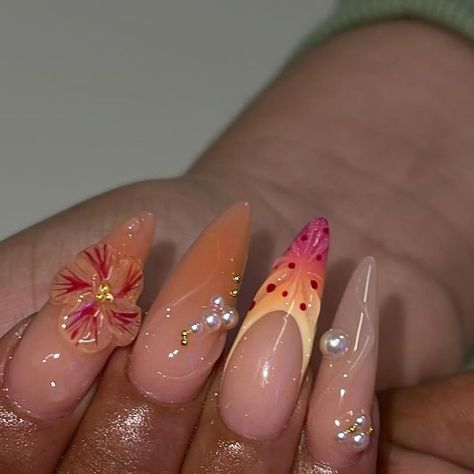 Beach Acrylic Nail Designs, 3 D Flower Nail Designs, Gel Flower Nail Designs 3d, Gel X Nail Ideas, 3d Summer Nails, 3d Nails Design, Flower Summer Nails, 3d Gel Nail Art, 3d Gel Nails