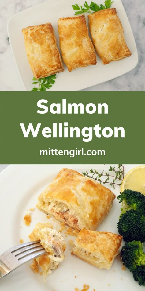 Simple Date Night Dinner, Salmon In Puff Pastry, Salmon Wellington Recipe, Salmon Puffs, Salmon Pie, Salmon Wellington, Wellington Recipe, Salmon Roll, Frozen Salmon