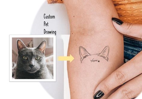 Tattoo Ideas For Cat Owners, Pet Tribute Tattoo Cat, Cat And Dog Ears Tattoo, Pet Outline Tattoo Cat, Cat Ear Tattoo Simple, Tattoos For Cat Owners, Pet Ear Tattoo, Personalized Cat Tattoo, Custom Cat Tattoo