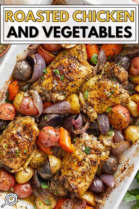 Roasted Chicken and Vegetables Whole 30 Chicken Thigh Recipes, Roasted Chicken Thighs And Vegetables, Recipe For Roasted Chicken, Roast Chicken Thigh Recipes, March Recipes, Roasted Chicken And Vegetables, Oven Roasted Chicken Thighs, Juicy Chicken Thighs, Healthy Chicken Thigh Recipes