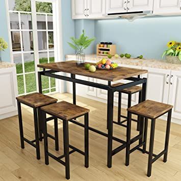 5 Pcs Dining Table Set, Modern Bar Table Set with 4 Bar Stools, Home Kitchen Breakfast Table and Chairs Set Ideal for Pub, Living Room, Breakfast Nook, Easy to Assemble Apartemen Studio, Modern Bar Table, Modern Kitchen Tables, Set Meja Makan, Kitchen Island Table, Bar Table Sets, Pub Table Sets, Dining Room Table Set, Rectangle Dining Table