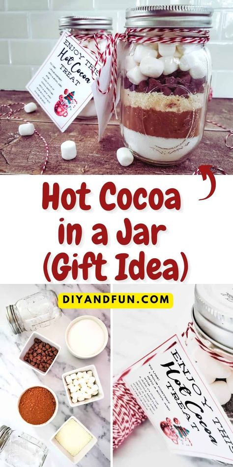 Hot Cocoa in a Jar, a simple and delicious holiday or Christmas gift idea featuring dry ingredients for making the best cocoa drink. Hot Chocolate Mason Jar Recipe, Cocoa Gift Ideas, Mason Jar Hot Cocoa, Hot Cocoa In A Jar, Hot Cocoa Gift Ideas, Cocoa In A Jar, Hot Cocoa Mix Gift, Christmas Hot Chocolate Gifts, Mason Jar Gifts Recipes