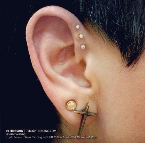 Triple forward helix done by Chris Saint Helix Piercing Black, Forward Helix Piercing Ideas, Helix Piercing Ideas, Forward Helix Piercings, Triple Forward Helix Piercing, Triple Forward Helix, Forward Helix Piercing, Forward Helix, Industrial Piercing