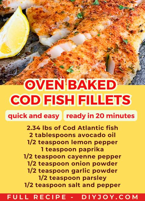 cod fish fillet seasoned with herbs and spices Baked Cod And Potatoes, Bake Fish In Oven, Sway Fish Recipe, Bake Fish Recipes Oven, Cod Filet Recipes, Cod Fish Recipes Baked, Baked Cod Fillets, Cod Fillet Recipes, Oven Baked Cod