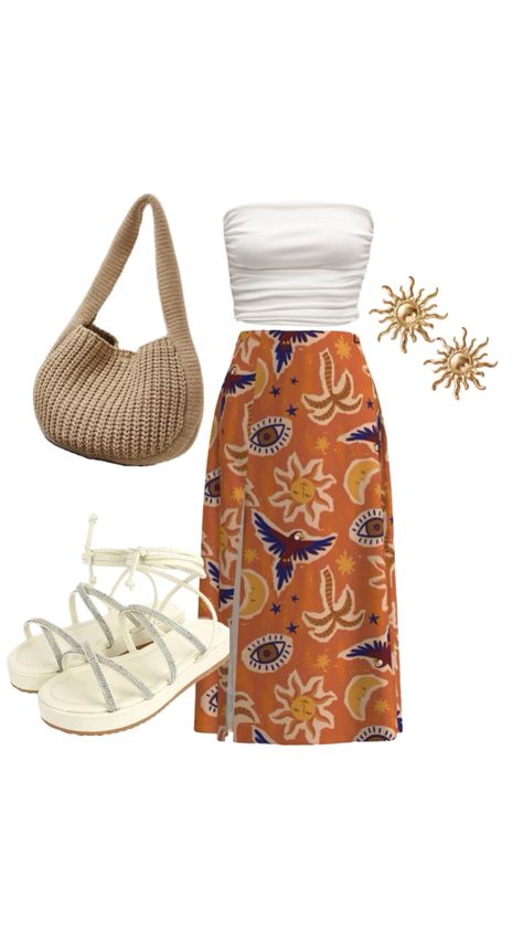 #outfit #outfitideas #outfitinspiration #outfitinpso #longskirt #boho #aesthetic Shein Outfit com Papetes femininas com brilho Summer Vacation Outfits, Trip Outfits, Outfit Mujer, Shein Outfits, Looks Party, Boho Aesthetic, Vacation Outfits, Looks Vintage, Outfits Aesthetic