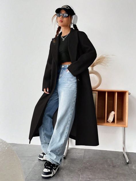 Black Over Coat Outfit, Long Coat Outfit Women, Black Overcoat Outfit Women, Overcoat Outfit Women, Black Coat Outfit, Long Coat Outfit, Long Outfit, Outfit Grunge, Black Overcoat