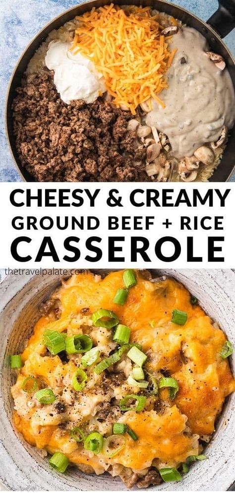 This cheesy ground beef and rice casserole from The Travel Palate is an easy dinner recipe that your family and friends will love! It is the ultimate comfort food. Made with hamburger, seasoning, rice, mushrooms, cheddar cheese, and more, these simple ingredients are baked together into a delicious casserole! Perfect for busy weeknights! Essen, Ground Beef Recipes For Dinner Easy Fast, Seasoning Rice, Ground Beef And Rice Casserole, Creamy Ground Beef, Cheesy Ground Beef And Rice, Beef And Rice Casserole, Cheesy Ground Beef, Ground Beef And Rice