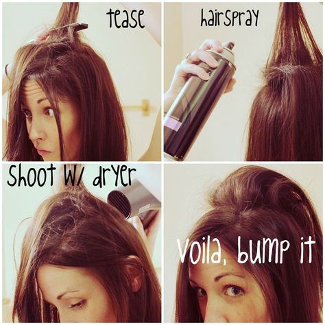 Tease 3-4 times, spray hair spray, blast with hair dryer to dry hair spray, smooth out with flat iron if you want. Volume Hair Tutorial, Hair Bump, Bump Hairstyles, Bump It, Teased Hair, Flat Hair, Voluminous Hair, Hair Blog, Volume Hair