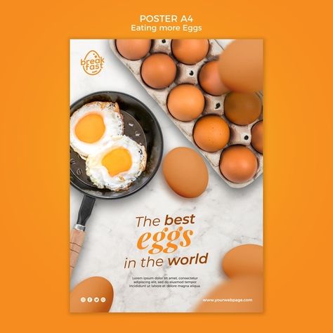 Breakfast with eggs poster template Free... | Free Psd #Freepik #freepsd #poster #food #farm #chicken Egg Creative Design, Egg Flyer Design, Egg Graphic Design, Egg Poster Design, Food Advertising Poster, Egg Poster, Egg Restaurant, Farm Poster, Breakfast With Eggs