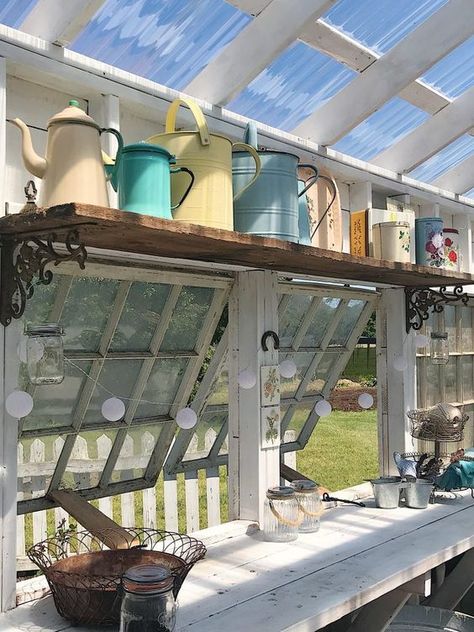 Old Window Potting Shed, Cottage Greenhouse Ideas, Greenhouse Addition To Shed, Potting Area Ideas Spaces, Green Potting Shed, Diy Greenhouse Shelves Potting Benches, Greenhouse Made From Old Windows Diy, Greenhouse Porch Ideas, Greenhouse Room Ideas