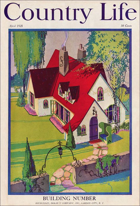 April 1928 Country Life Cover Art Deco Cottage, Cottage Illustration, Country Life Magazine, Storybook Cottage, Vintage House Plans, Journal Vintage, Red Roof, Cottage Art, House Illustration