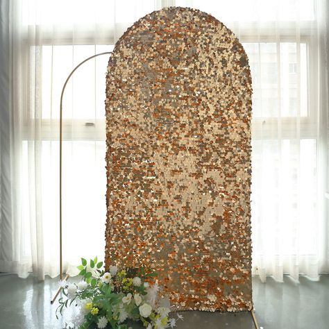 [About] Quantity: 1 Backdrop Stand Cover Material: Payette Sequins on Mesh Base Color: Gold Total Height: 7ft Total Width: 3.3ft Sequin Size: 18mm Custom Fit for our 7ft Round Top Wedding Arch Feature: Double-sided. Sequins on both sides. Pullover cover to get a snug fit [Information]Additional Information: Order is for Wedding Arch Cover only. Stands or other accessories are not included. Uses: Wedding Decoration, Ceremony, Party Decor, Baby Shower, Shopping Mall, Stores, Home Decor Round Top Backdrop, Head Table Backdrop, Chiara Backdrop, Fall Garlands, Shimmer Wall Backdrop, Church Christmas Decorations, Booth Decor, Bridal Shower Backdrop, Mall Stores