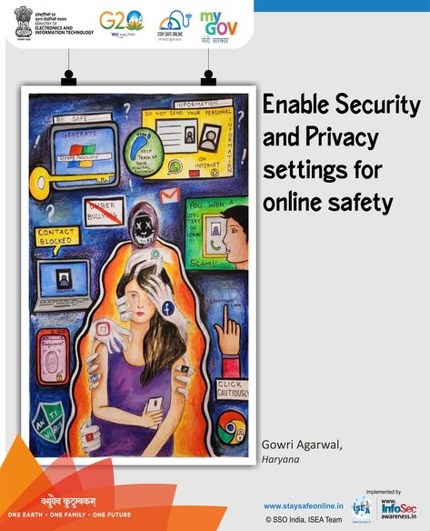 #Paintingoftheday Enable Security and Privacy settings for online safety #cybersecurity #securitytips #cyberawareness #MeitY #MyGov #NIC #CertIn Poster About Online Safety And Security, Stay Safe Online Drawing, Right To Privacy Poster, Online Security Poster, Digital Safety Poster, Safety And Security Poster, Cybersecurity Drawing, Cybersecurity Awareness Posters, Online Safety Poster