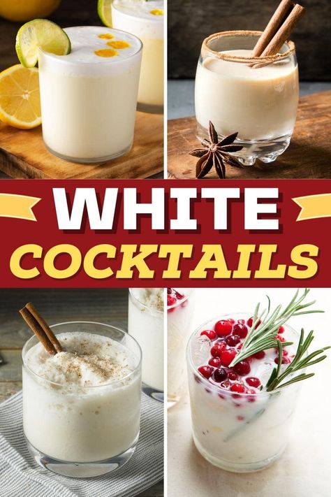 In a world full of colorful drinks, these white cocktails will fit any occasion. And from coconut and white chocolate to banana, they're beyond delish! White Christmas Alcoholic Drink, Black And White Drinks Cocktails, White Drinks Alcohol, White Holiday Drinks, White Mixed Drinks, White Holiday Cocktails, White Tequila Cocktails, Red And White Cocktails, Coconut Christmas Cocktail